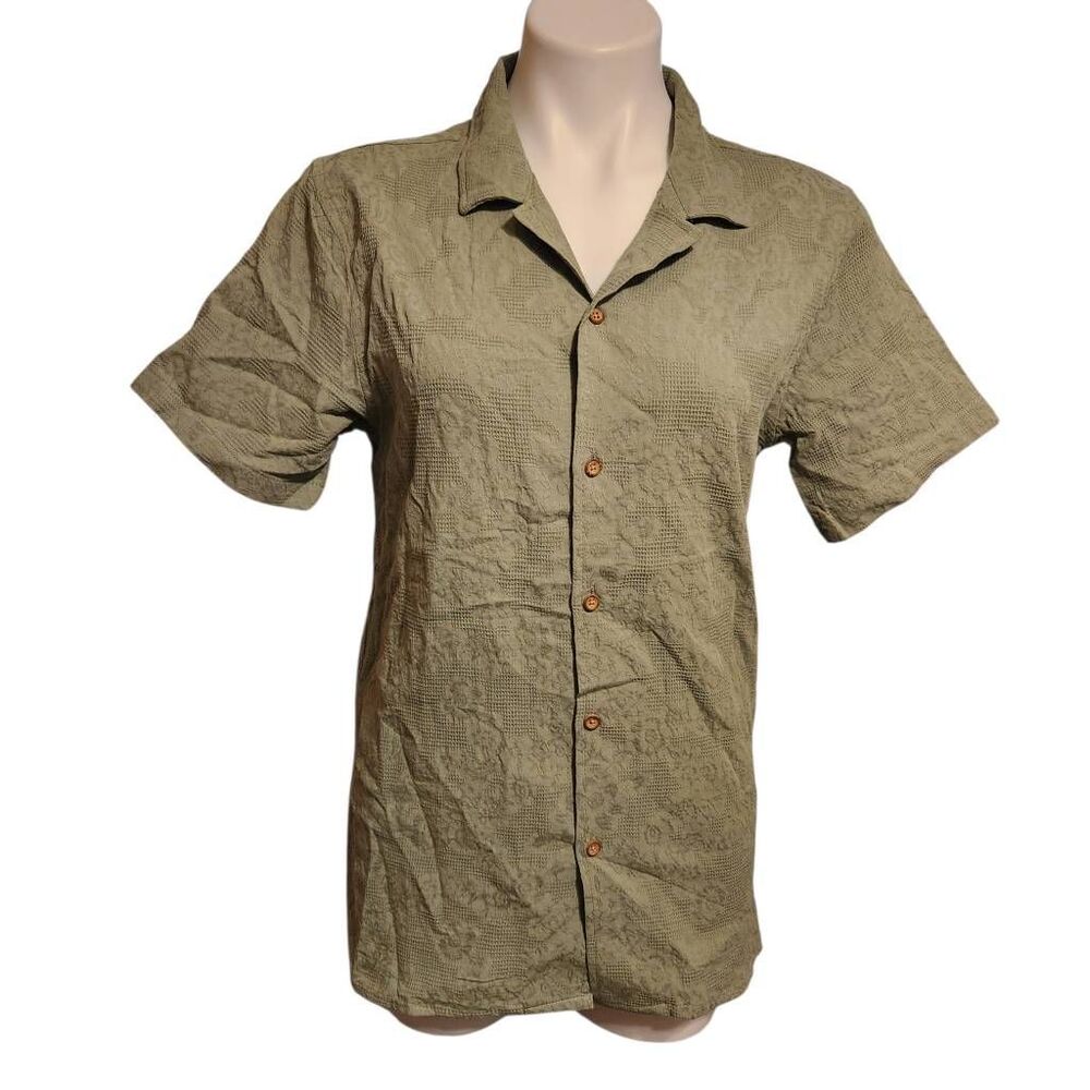 Distortion‎ button front short sleeve green shirt textured floral small